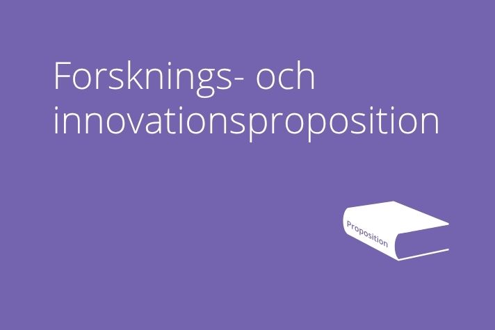 Lila bild med texten ”Forsknings- och innovationsproposition” och en vit ikon av en bok nere till höger.