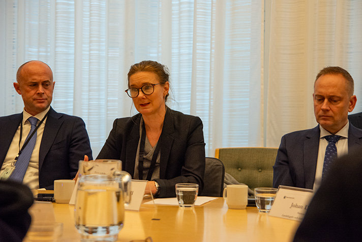 Närbild på Karin vid mötesbordet som pratar inför gruppen.