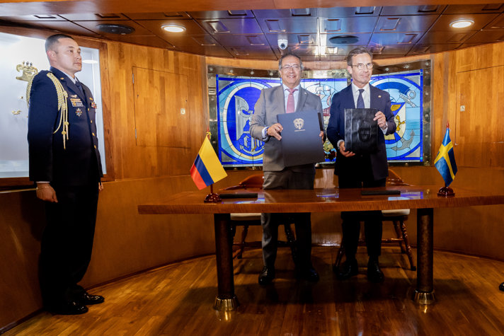 Statsminister Ulf Kristersson och Colombias president Gustavo Petro i samband med signeringen av det bilaterala partnerskapsavtalet mellan Sverige och Colombia.