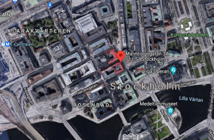 Karta över Stockholm med en markering på Malmtorgsgatan 3A