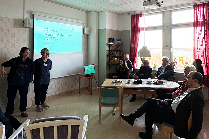 Två vårdare presenterar ett projekt inför en grupp. På skärmen bakom dem står det "Mobila nätverksteamet (MiNT)"