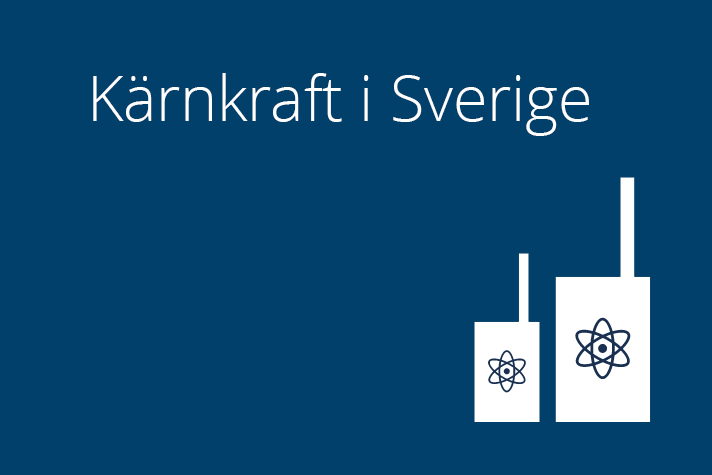 Föreställer två vita kärnkraftverk mot blå bakgrund.