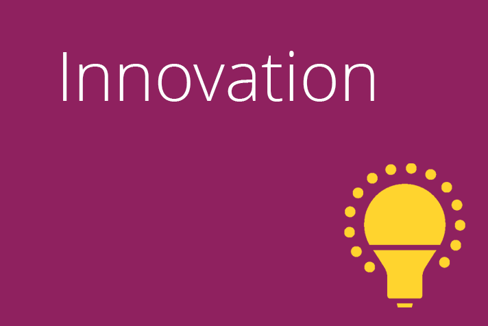 Bilden är en illustration med röd bakgrund med texten innovation