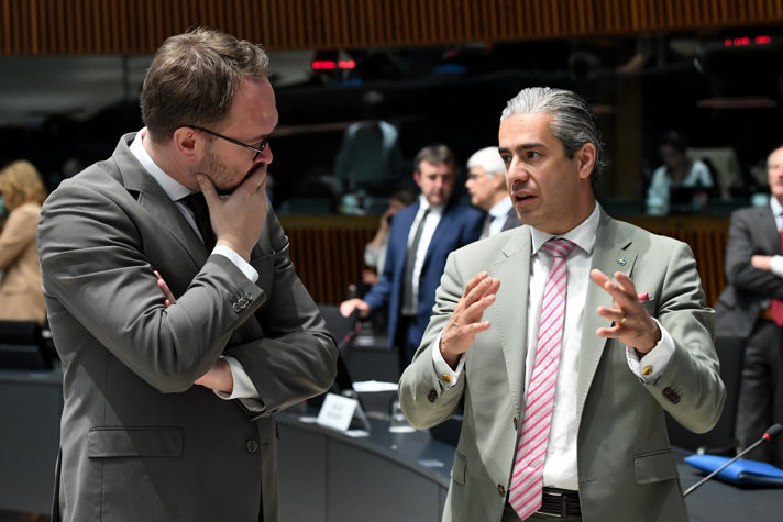 Sveriges energi- och digitaliseringsminister Khashayar Farmanbar och Danmarks klimat- och energiminister Dan Jörgensen samtalar med varandra i ett stort mötesrum i Luxemburg.