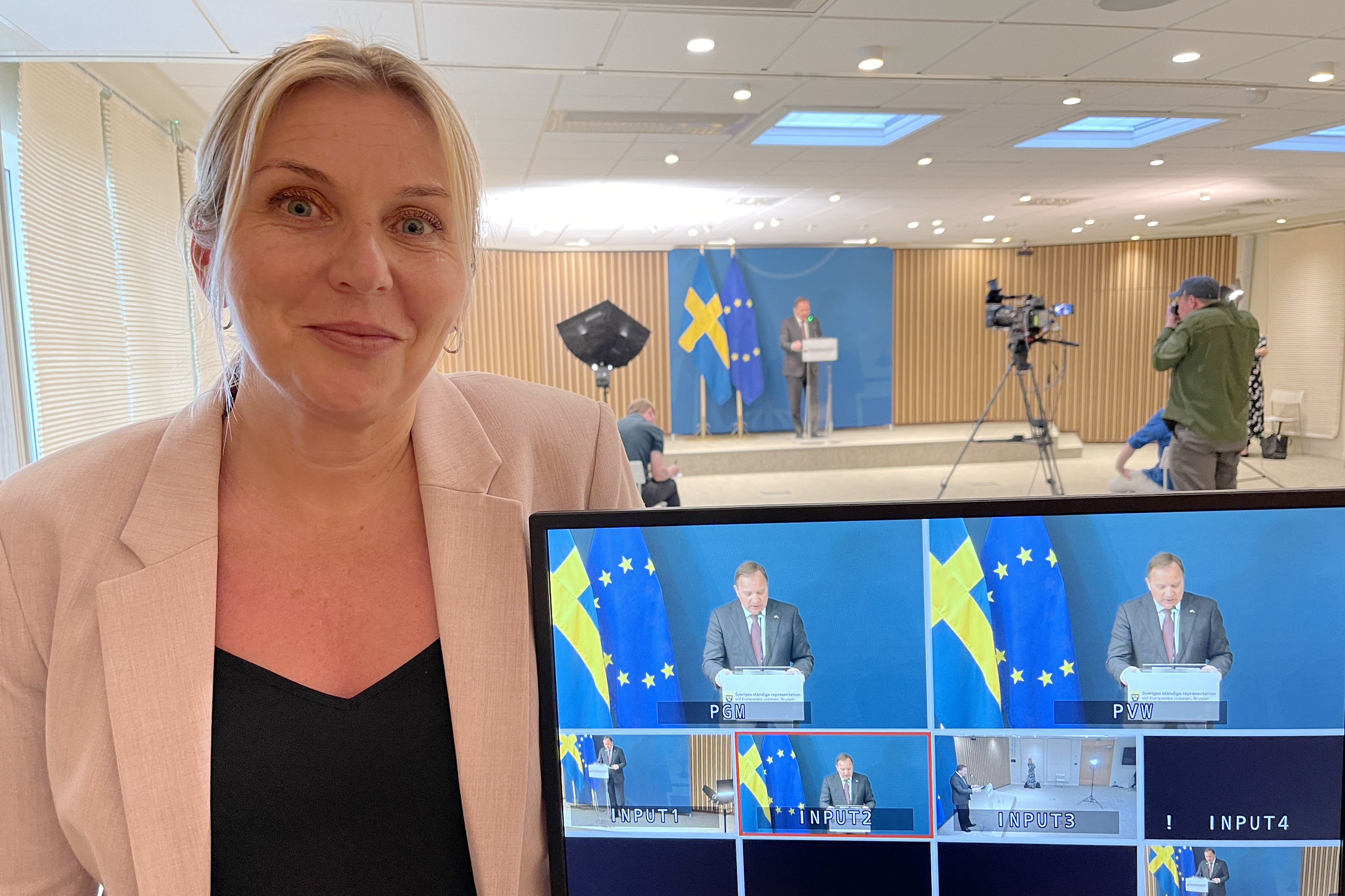 Kanslichef och generalkonsul Åsa Ring i EU-representationens auditorium vid pressträff med statsminister Stefan Löfven