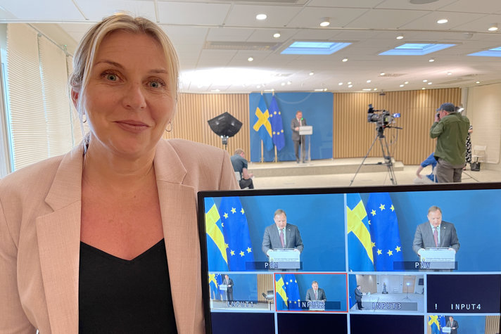 Kanslichef och generalkonsul Åsa Ring i EU-representationens auditorium vid pressträff med statsminister Stefan Löfven