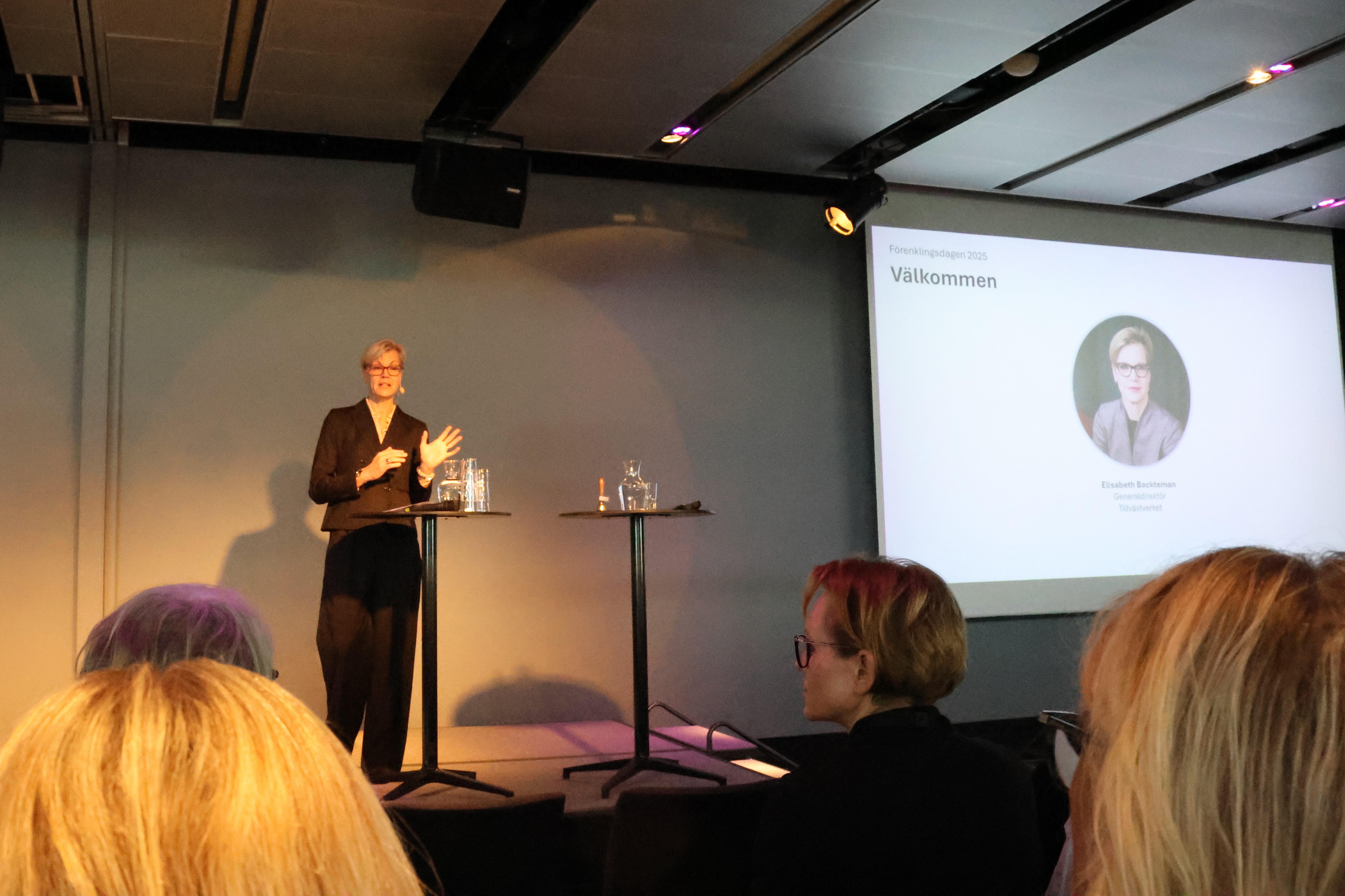 Elisabeth Backteman, generaldirektör, står på scenen och håller sitt välkomstanförande inför cirka 200 personer som medverkade under dagen