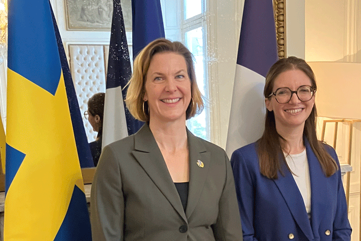 Sveriges och Frankrikes jämställdhetsministrar står sidan om varandra. I bakgrunden syns den svenska och franska flaggan. På väggen bakom hänger en stor spegel.
