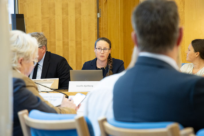 En person sitter och pratar. Några personer sitter bredvid och lyssnar.