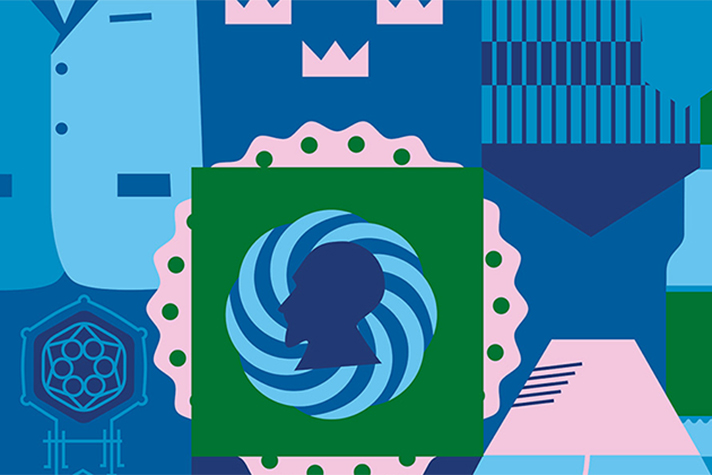 Illustration i blått, rosa och grönt där t.ex. mönstret Bohus stickning syns.