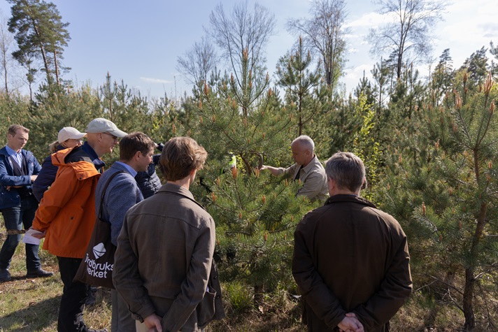 En grupp människor står ute i en skog och tittar på en man som berättar något. 
