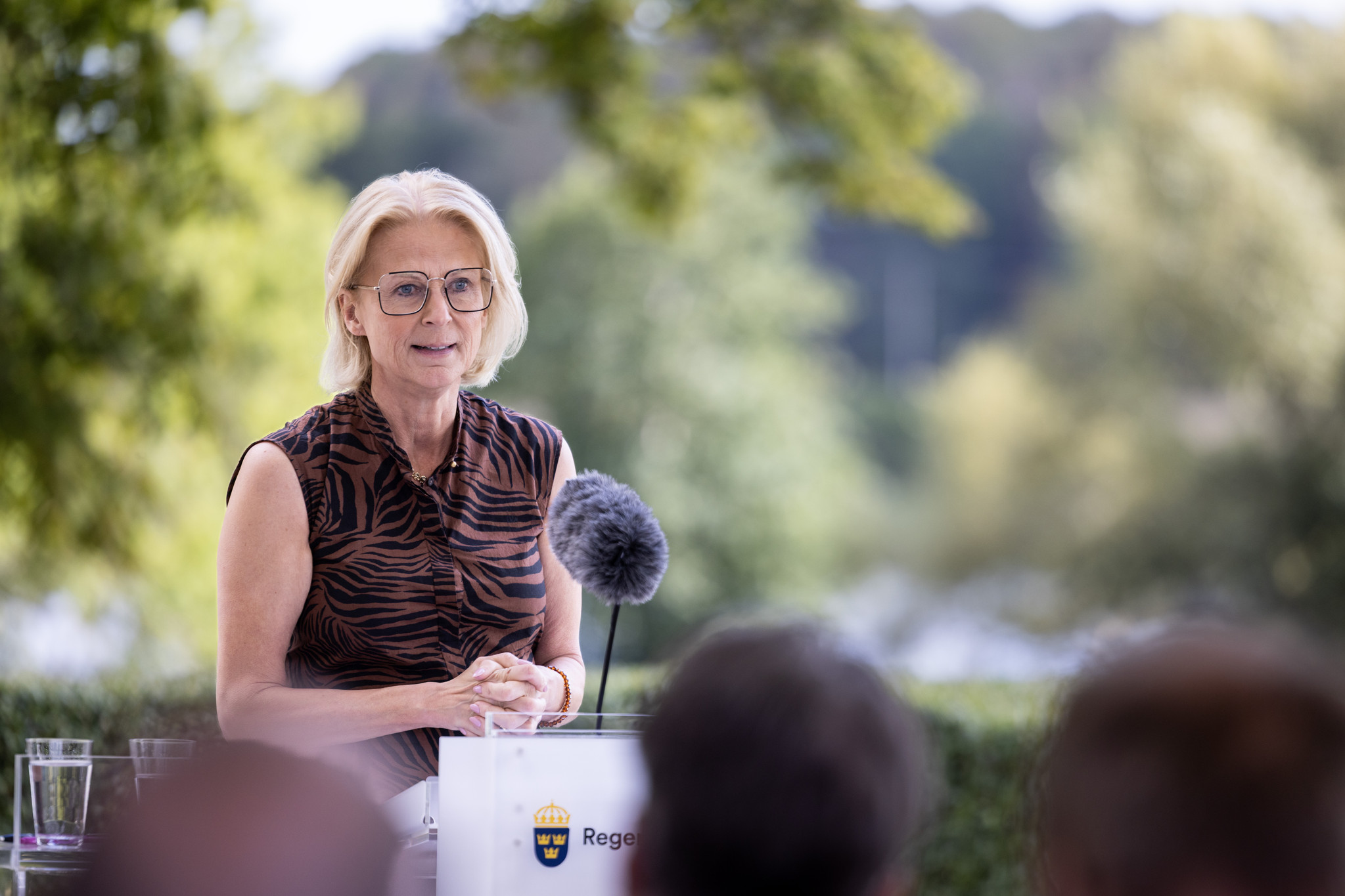 Statsrådet står vid en mikrofon utomhus och talar till medias representanter.