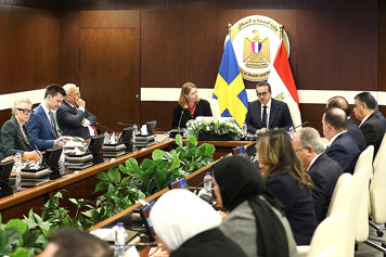 Ett mötesrum där delegater sitter runt ett stort konferensbord. Svenska och egyptiska flaggor står placerade bakom två talare längst fram, och växter pryder mitten av bordet.