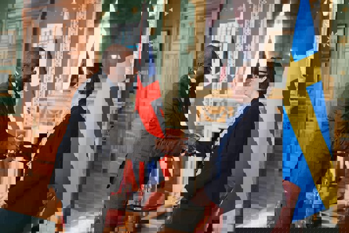 Utrikesminister Maria Malmer Stenergard och Storbritanniens utrikesminister David Lammy skakar hand.