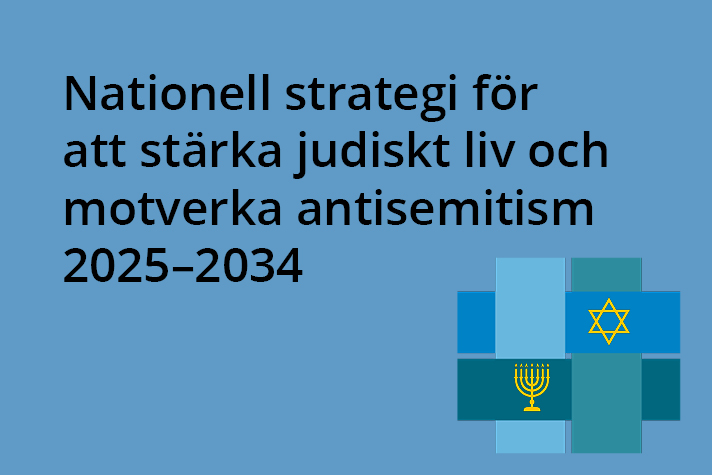 Blå platta med texten: Nationell strategi för att stärka judiskt liv och motverka antisemitism 2025–2034 
