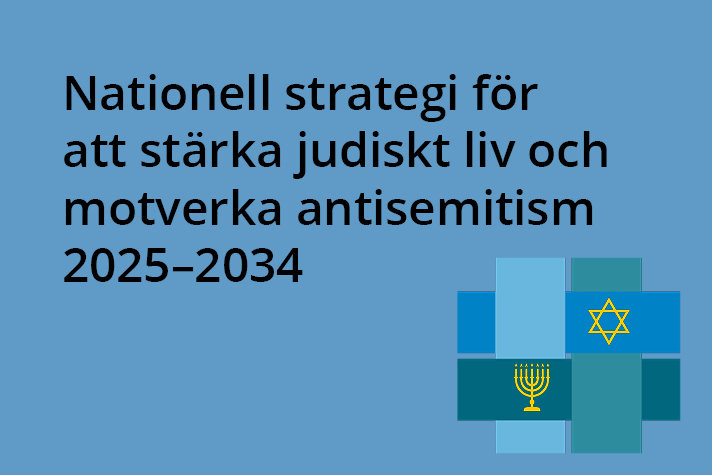 Blå platta med texten: Nationell strategi för att stärka judiskt liv och motverka antisemitism 2025–2034