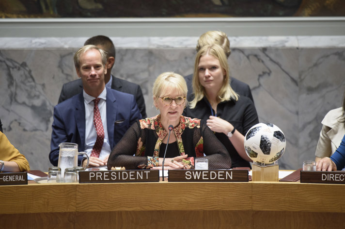 Utrikesminister Margot Wallström leder säkerhetsrådets möte om fred och säkerhet i Afrika, den 10 juli 2018. 