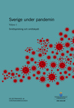 Texten Sverige under pandemin på blå bakgrund med sitiliserade bakterier