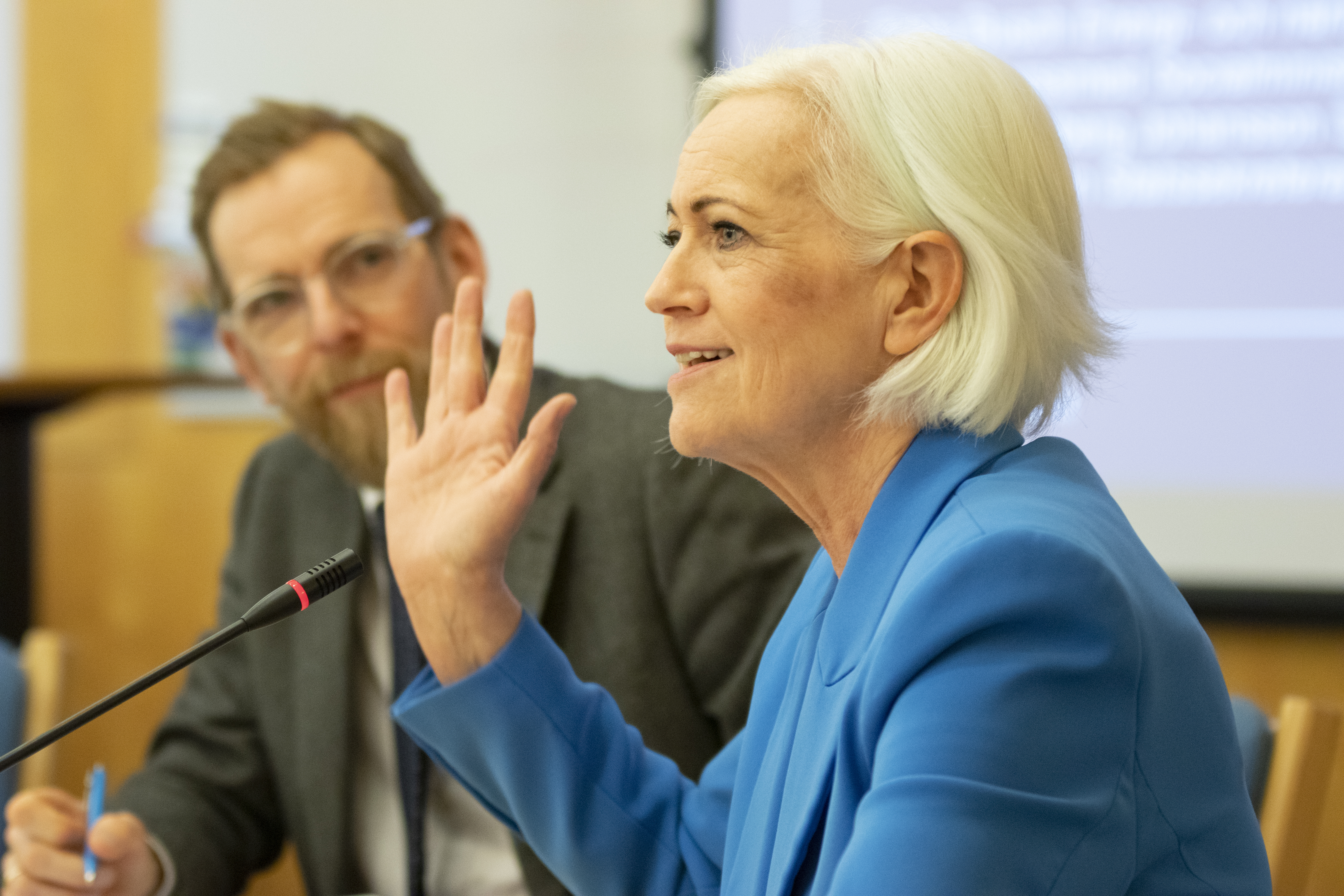 En person pratar vid ett möte.