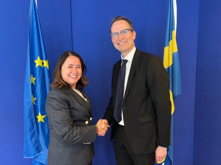 Två personer står och skakar hand. I bakgrunden syns en svensk flagga och en EU-flagga.