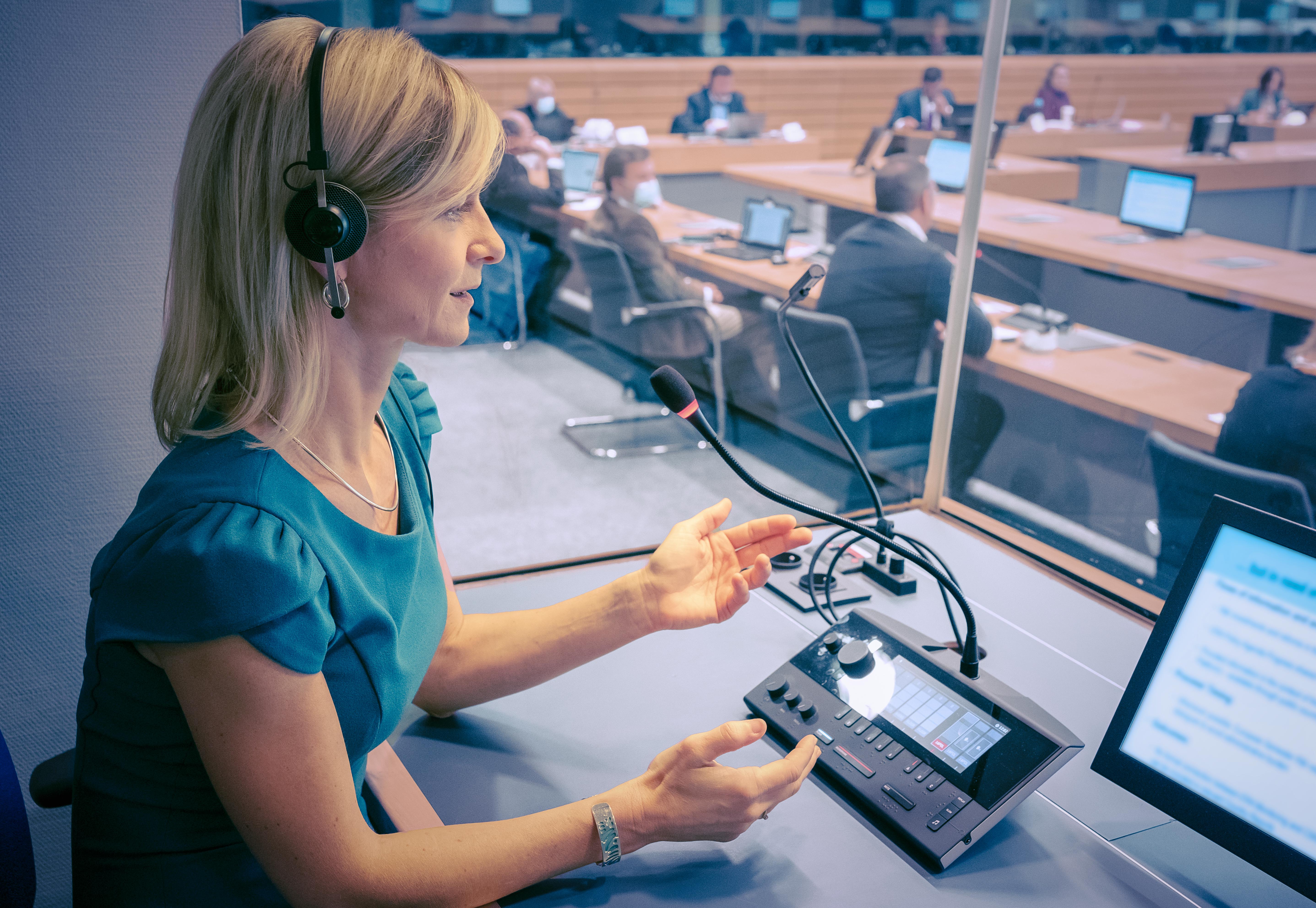 En person sitter i ett tolkbås och gestikulerar. Utanför syns personer sittande vid bord placerade i en stor fyrkant.