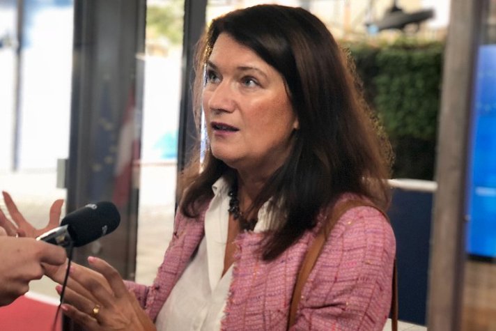 Ann Linde intervjuas av en journalist som sträcker fram en radiomikrofon.