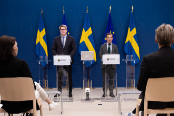 Gunnar Strömmer och statsministern i pressträff om historisk satsning på rättsväsendets myndigheter. 