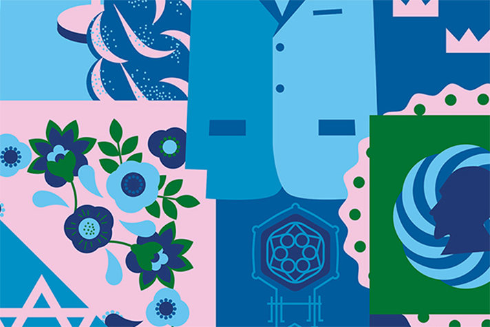 Illustration i färgerna rosa,  grönt och nyanser av blått, framtagen av Forum för levande historia.