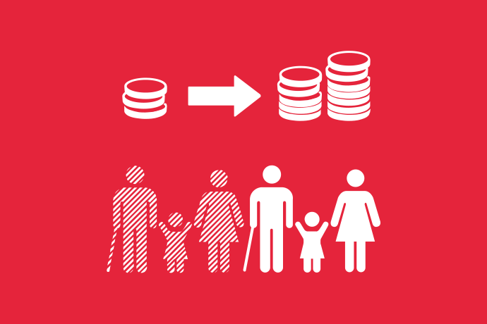 Röd bakgrund vita illustrationer, sex personer i olika åldrar som står tillsammans under en mindre stapel mynt med en pil mot två större staplar mynt..
