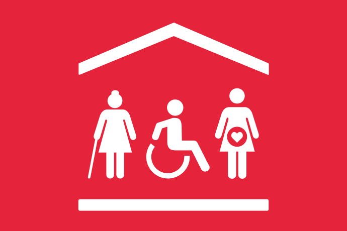 Röd bakgrund vita illustrationer, tre personer bredvid varandra under samma tak; en med käpp, en i rullstol och en gravid.