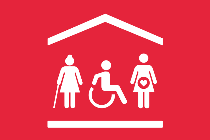 Röd bakgrund vita illustrationer, tre personer bredvid varandra under samma tak; en med käpp, en i rullstol och en gravid.
