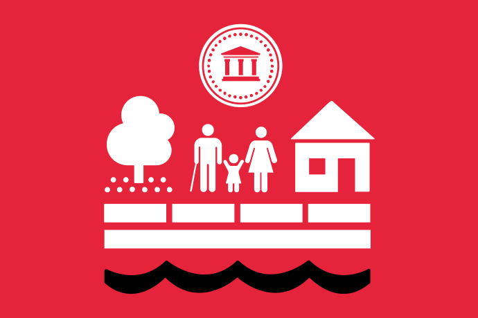 Röd bakgrund vita och svarta illustrationer, tre personer i olika åldrar som står tillsammans mellan ett hus och ett träd och under ett mynt.