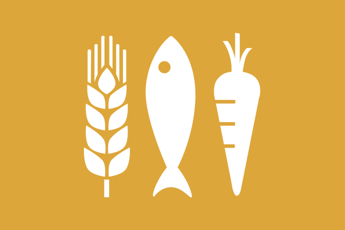 Senapsgul bakgrund vita illustrationer, fem personer i olika åldrar bredvid varandra och en ångande matskål ovanför deras huvuden.