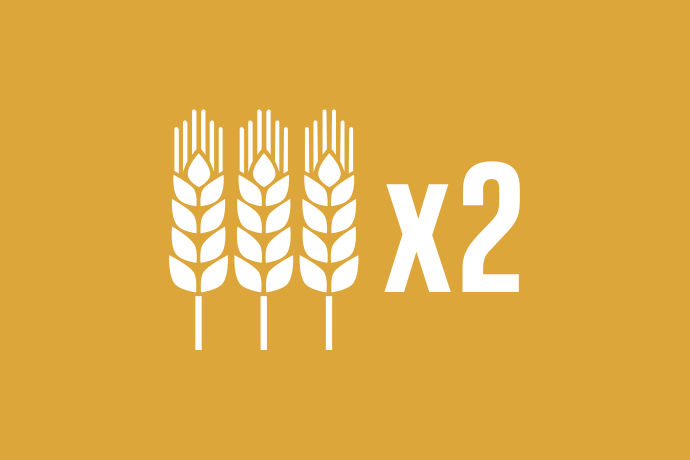 Senapsgul bakgrund vita illustrationer, tre spannmålsax bredvid varandra samt ett gångertecken med siffran två intill.