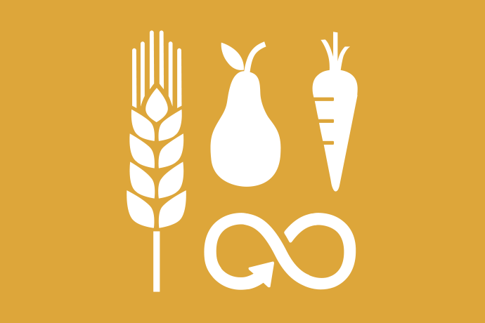 Senapsgul bakgrund vita illustrationer, ett spannmålsax, ett päron, en morot och ett oändlighetstecken.