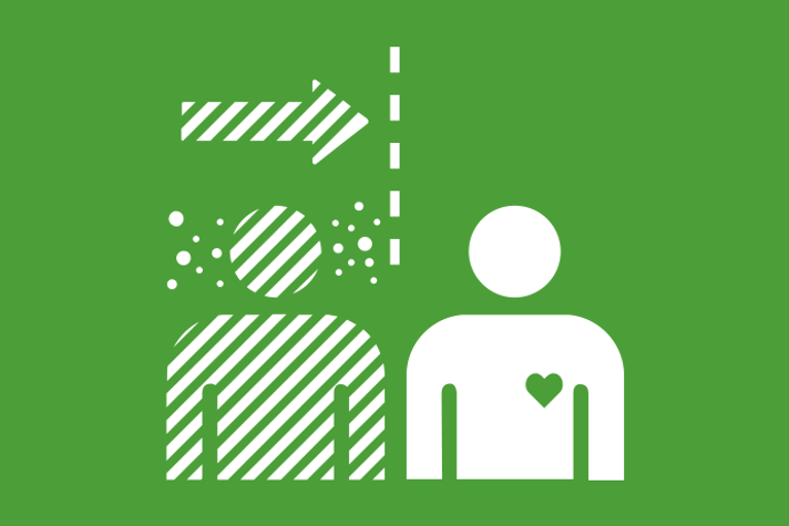 Grön bakgrund vita illustrationer, en sjuk och en frisk person intill varandra med en barriär emellan.