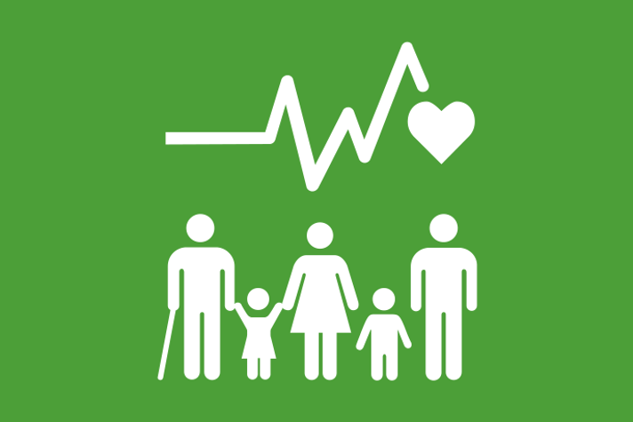 Grön bakgrund vita illustrationer, under en graf som leder till ett hjärta står fem personer i olika åldrar intill varandra.