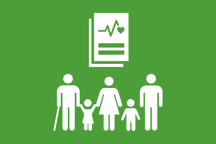 Grön bakgrund vita illustrationer, nertill står fem personer i olika åldrar intill varandra. Ovanför dem en bok med en graf, ett hjärta och ett likhetstecken på omslaget.