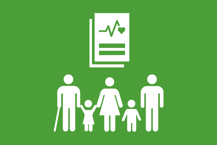 Grön bakgrund vita illustrationer, nertill står fem personer i olika åldrar intill varandra. Ovanför dem en bok med en graf, ett hjärta och ett likhetstecken på omslaget.