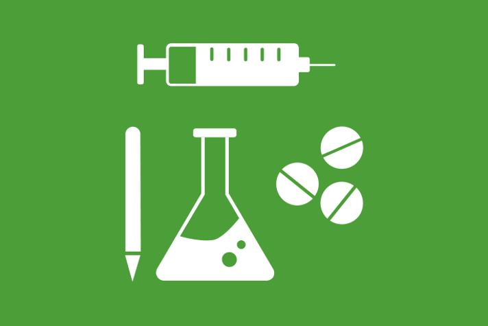 Grön bakgrund vita illustrationer, överst en spruta och nertill en skalpell, en e-kolv och tre tabletter.