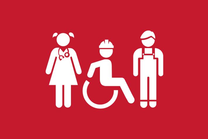 Mörkröd bakgrund vita illustrationer, tre personer från olika yrken bredvid varandra, två står och en sitter i rullstol. 
