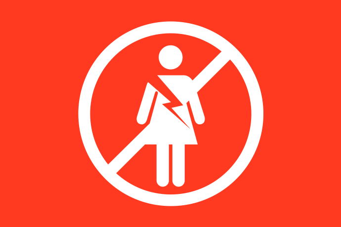 Rödorange bakgrund vita illustrationer, i mitten står en person klädd i klänning med en blixt genom överkroppen. Runt om personen en vit cirkel med ett vitt streck igenom.