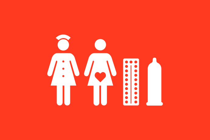 Rödorange bakgrund vita illustrationer, en sjuksköterska och en gravid person står intill varandra bredvid en p-pillerkarta och en kondom.