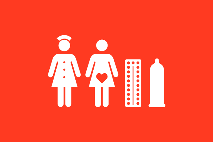 Rödorange bakgrund vita illustrationer, en sjuksköterska och en gravid person står intill varandra bredvid en p-pillerkarta och en kondom.