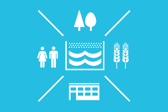Ljusblå bakgrund vita illustrationer, i mitten en sötvattenreservoar omgärdad av fyra sektioner; en med två spannmålsax, en med två träd, en med två personer och en med en administrationsbyggnad.