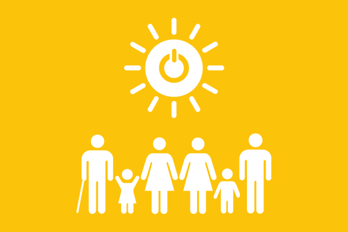 Gul bakgrund vita illustrationer, sex personer i olika åldrar som står tillsammans under en sol med en strömbrytare i mitten.