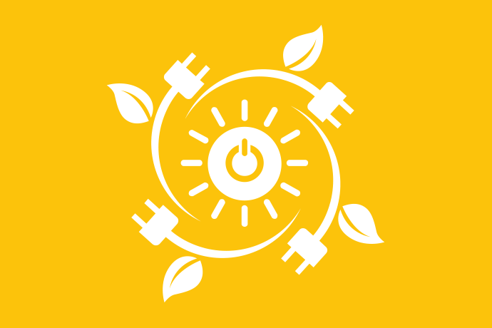 Gul bakgrund vita illustrationer, en sol med en strömbrytare i mitten omgärdas av en krans bestående av fyra elsladdar och fyra blad.