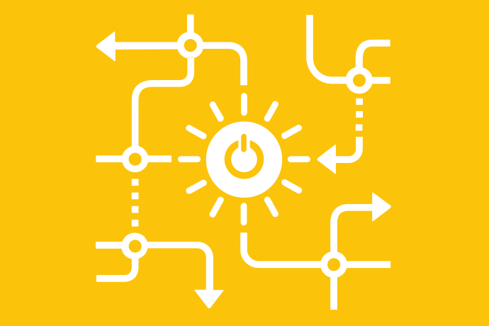 Gul bakgrund vita illustrationer, en sol med en strömbrytare i mitten. Runt om solen ett flödesschema.