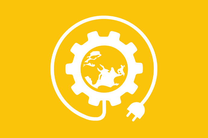 Gul bakgrund vita illustrationer, ett kugghjul med en jordglob i. Runt om kugghjulet en elsladd.