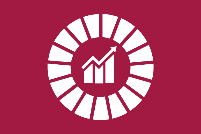 Vinröd bakgrund vita illustrationer, en tillväxtkurva ovanpå ett stapeldiagram inuti den runda symbolen för Agenda 2030.